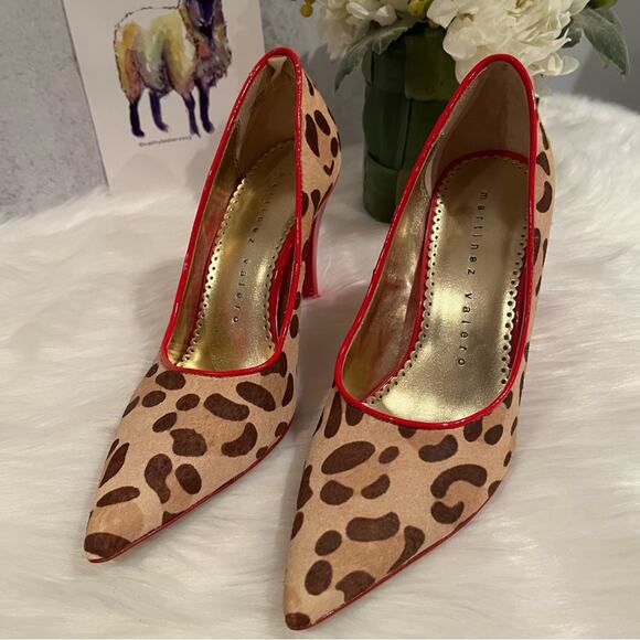 Martinez Valero Leather Calf Hair Leopard Multi Tone Heels Pumps Camel Red 5.5 - Picture 2 of 15